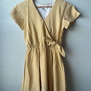 Yellow and White Midi Sundress with Tie Front and Flutter Sleeves